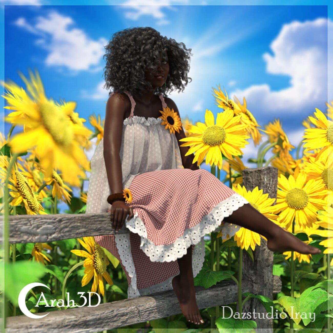 Vibrant digital art of a woman sitting on a rustic fence amidst bright yellow sunflowers under a blue sky with clouds, showcasing high-quality 3D rendering and realistic textures.