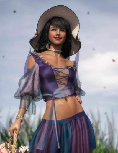 Elegant woman in a purple summer dress with a wide-brimmed hat, standing outdoors with a flower basket, showcasing stylish fashion, beauty, and summer vibe.