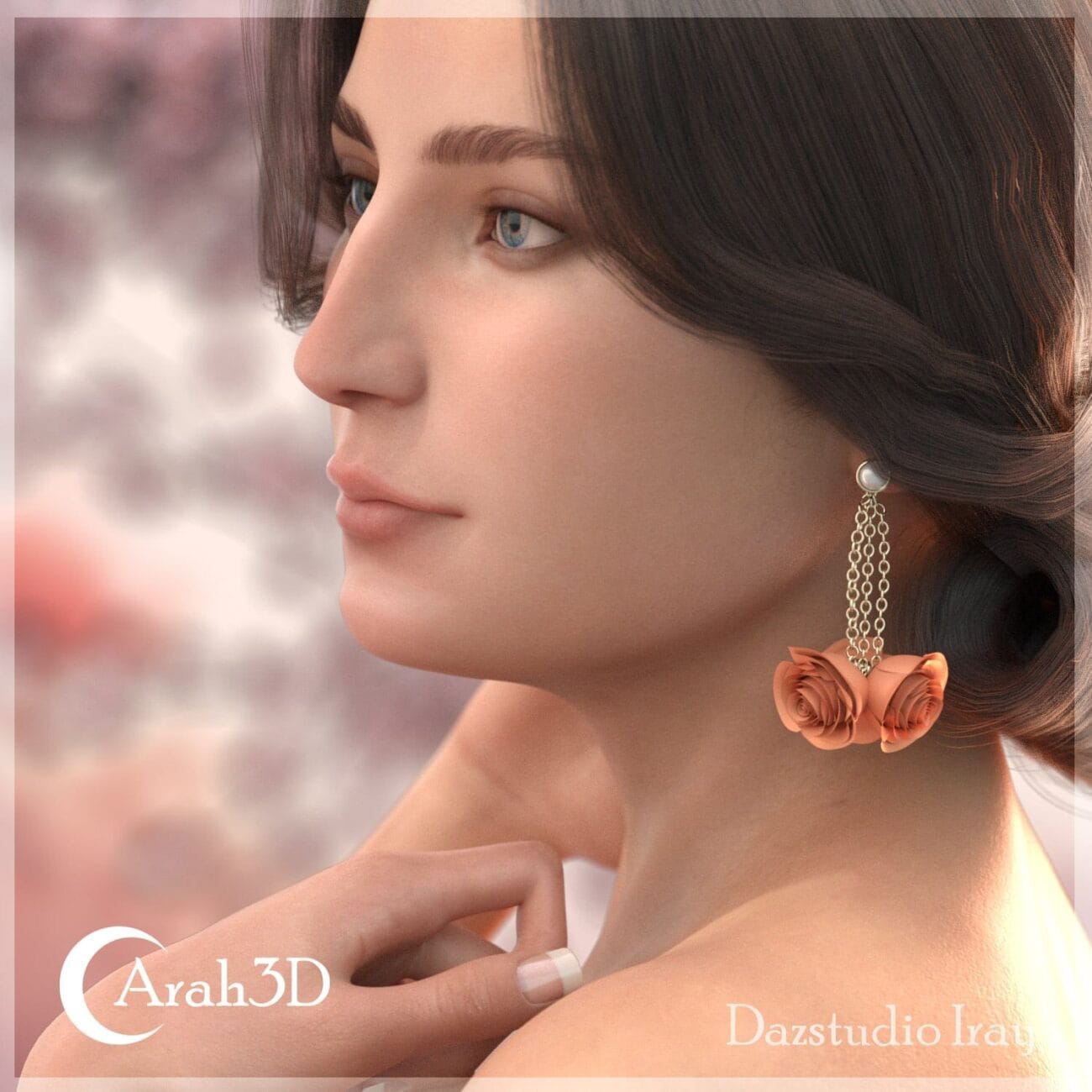 Elegant 3D female portrait with detailed facial features and pearl earrings, showcasing high-quality Daz3D assets and realistic rendering, ideal for digital art or character design.