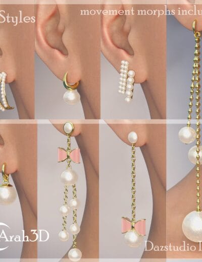 Elegant pearl earrings with various styles and movement options, perfect for 3D jewelry models in Daz3D scenes. High-quality assets to enhance your 3D character accessories.