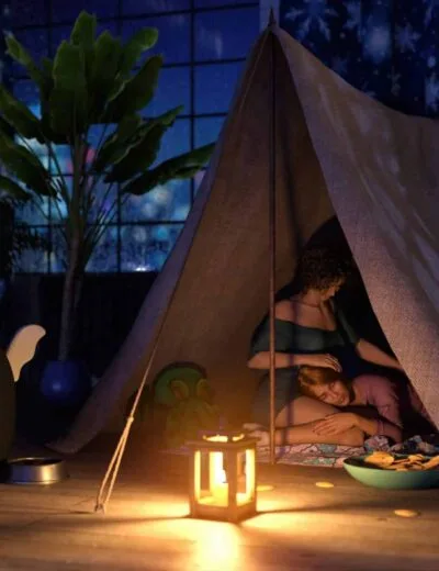 Cozy nighttime indoor scene with children sleeping in a tent, surrounded by plants, ambient lantern light, and pet cat, highlighting detailed 3D render of Daz3D assets for realistic virtual environments.