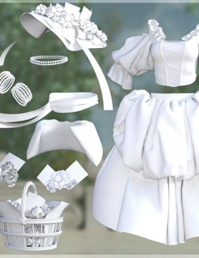 Detailed 3D wedding dress and accessories, including basket, flowers, bracelets, hat, necklace, padding, sash, skirt, and top, perfect for realistic wedding or fashion scenes.