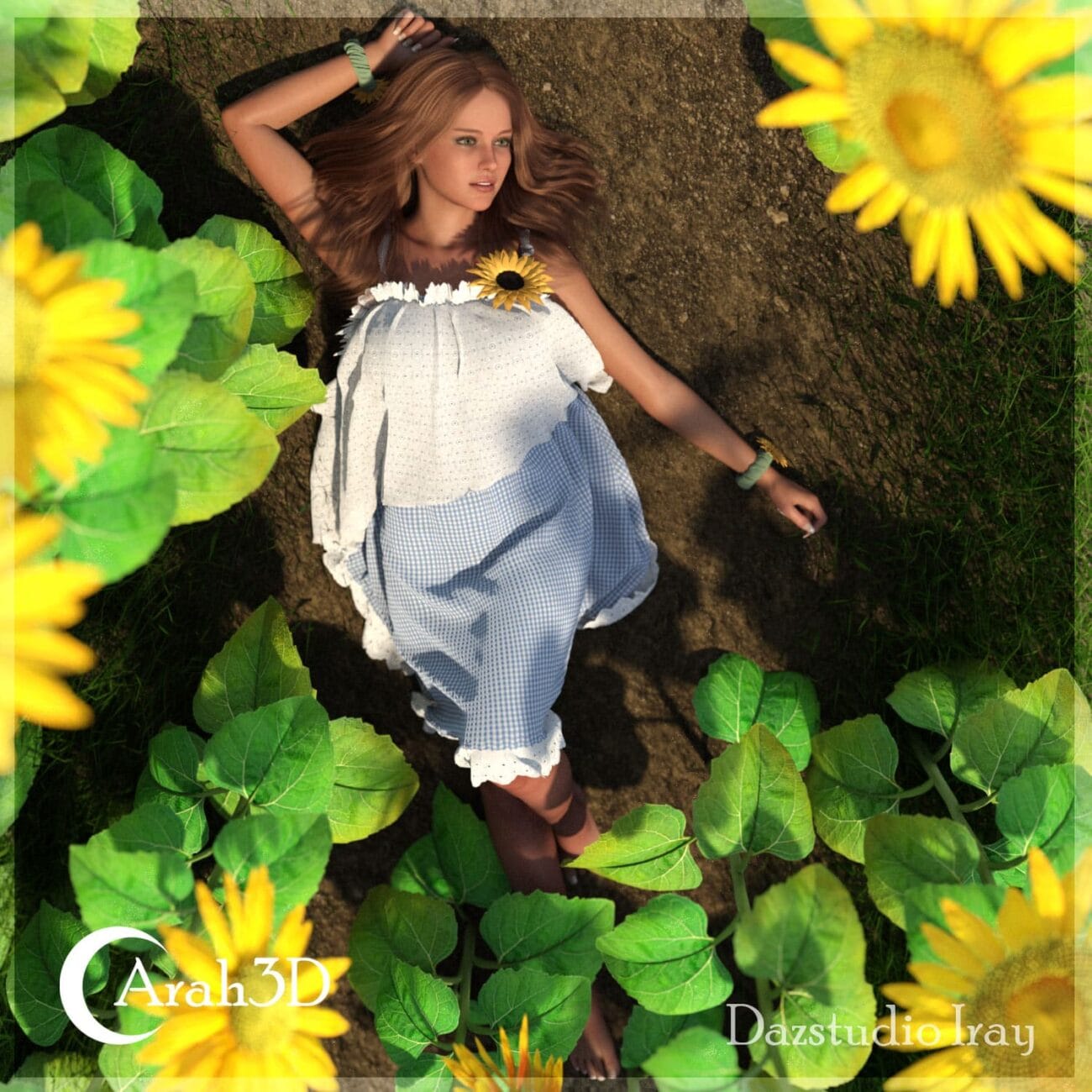 Sunflower girl lying in a sunflower field, 3D rendered model, detailed textures, realistic lighting, casual summer dress, outdoor nature scene, high-quality digital art for visual storytelling.