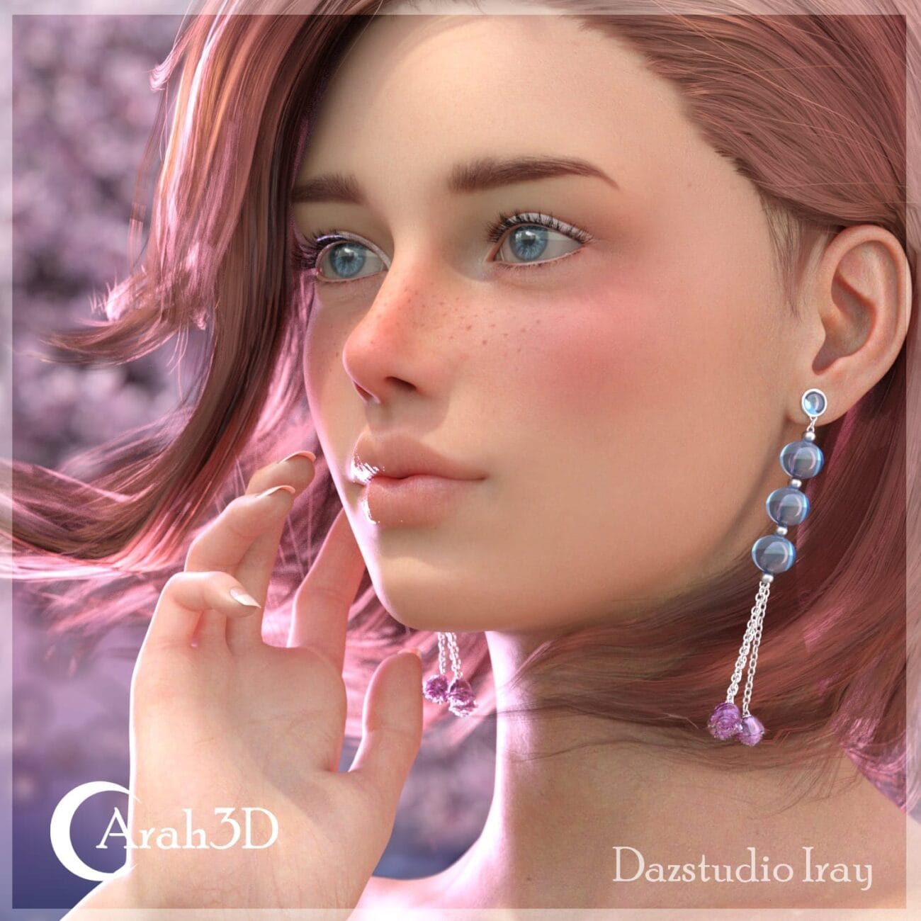 3D realistic woman portrait with detailed facial features, blue eyes, pink hair, and elegant dangling earrings, showcasing high-quality Daz3D assets and 3D character modeling.