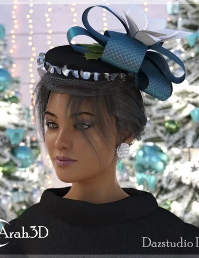 Elegant 3D woman wearing a sophisticated fascinator hat with ribbons and netting, holiday Christmas background with decorated tree, high-quality Daz3D assets, realistic 3D rendering, festive fashion scene.