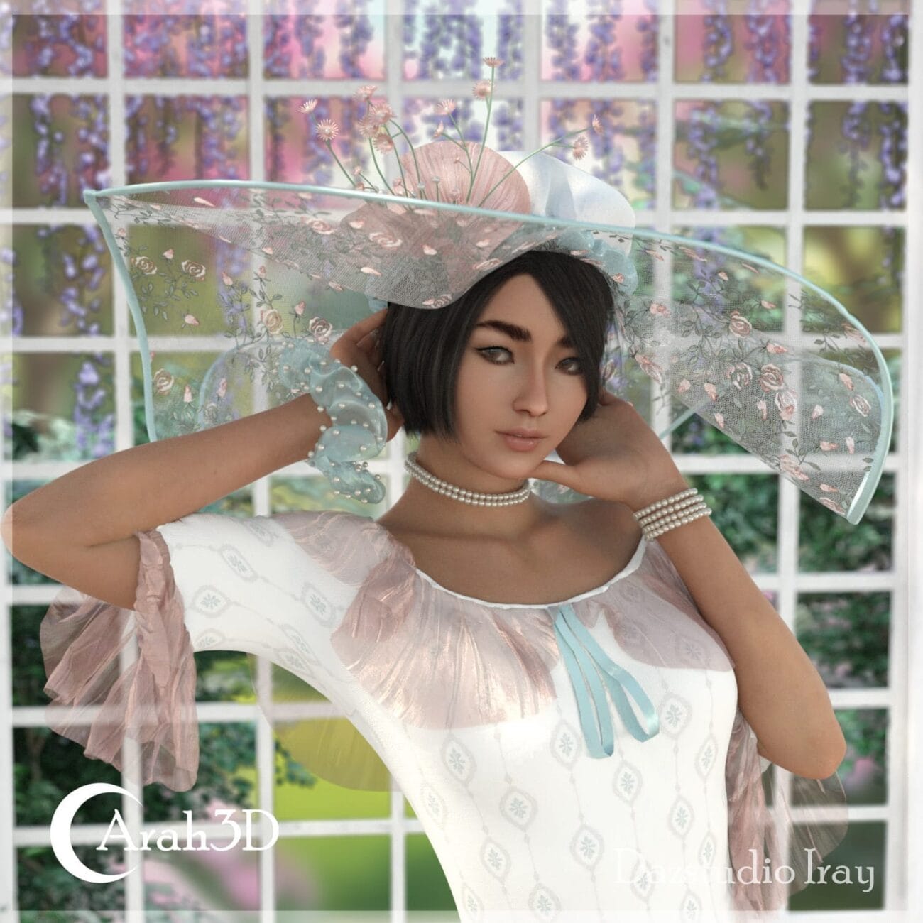 Elegant female with short dark hair wearing a floral, wide-brimmed hat and pearl jewelry, standing in front of a garden trellis, showcasing high-quality 3D digital art assets for realistic character rendering.