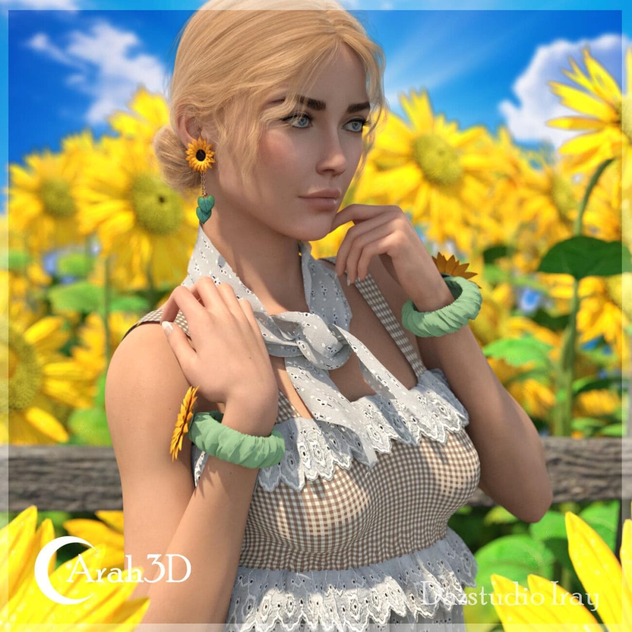 Sunflower girl 3D model with detailed skin and realistic features, wearing summer fashion accessories, set against a vibrant sunflower field for high-quality Daz3D assets.