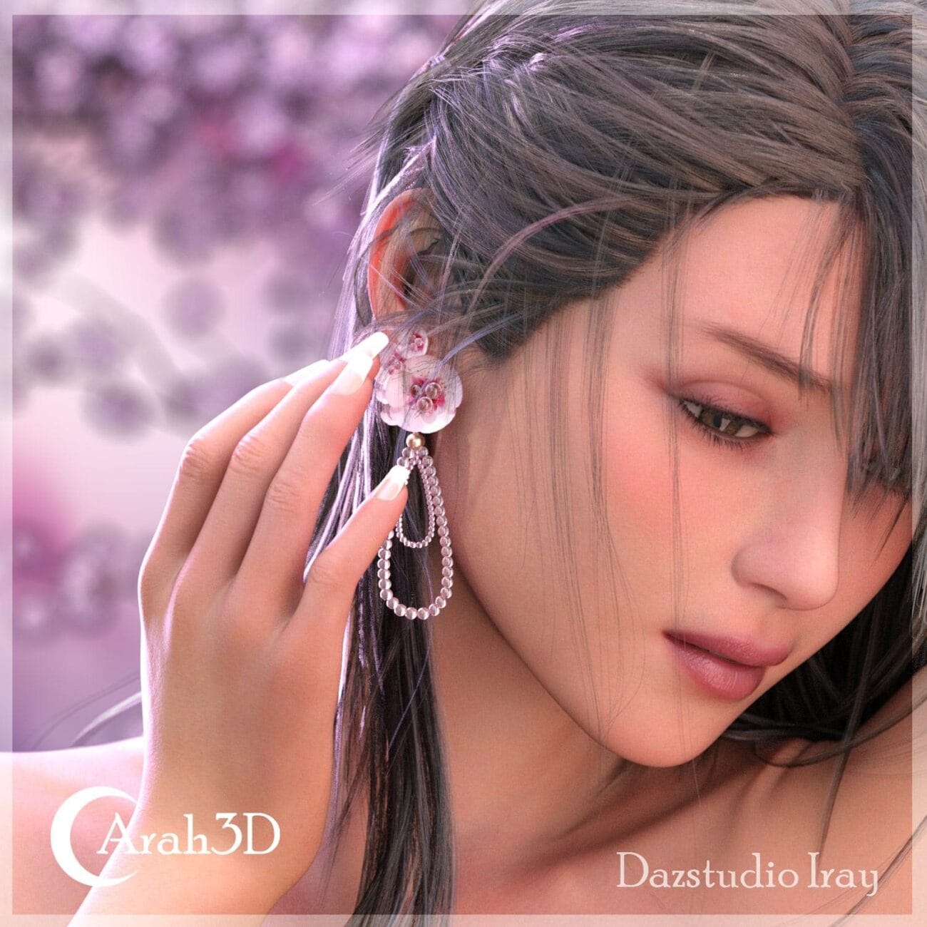 Elegant 3D female model with detailed skin textures and realistic hair, wearing stylish floral earrings, showcasing high-quality Daz3D assets for realistic digital art and 3D rendering.