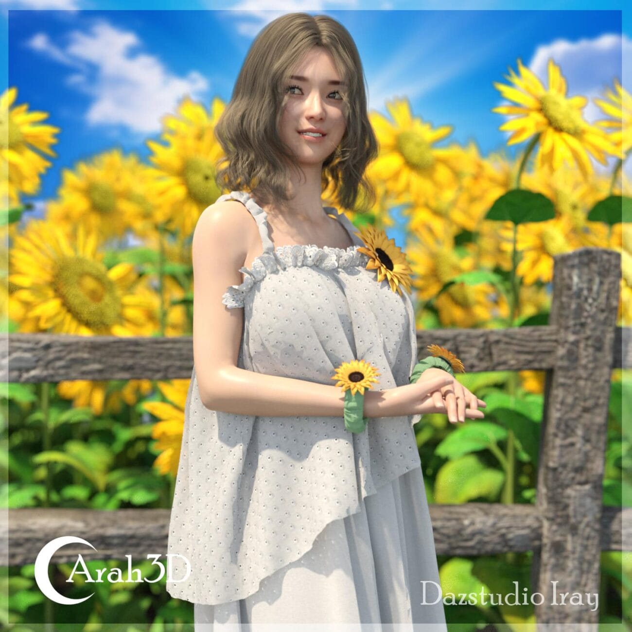 Sunflower-themed 3D character in summer dress with sunflower accessories, standing in a vibrant sunflower field, showcasing high-quality Daz3D assets for realistic 3D rendering in digital art.