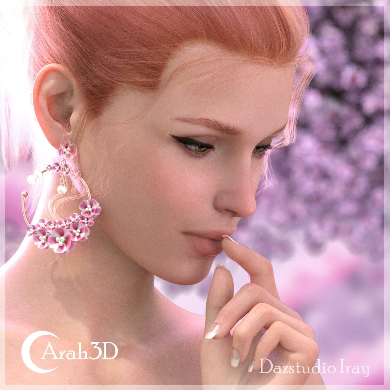 Delicate female 3D character with pink hair, detailed makeup, and floral earrings, showcasing high-quality Daz3D assets for realistic digital art and character modeling.