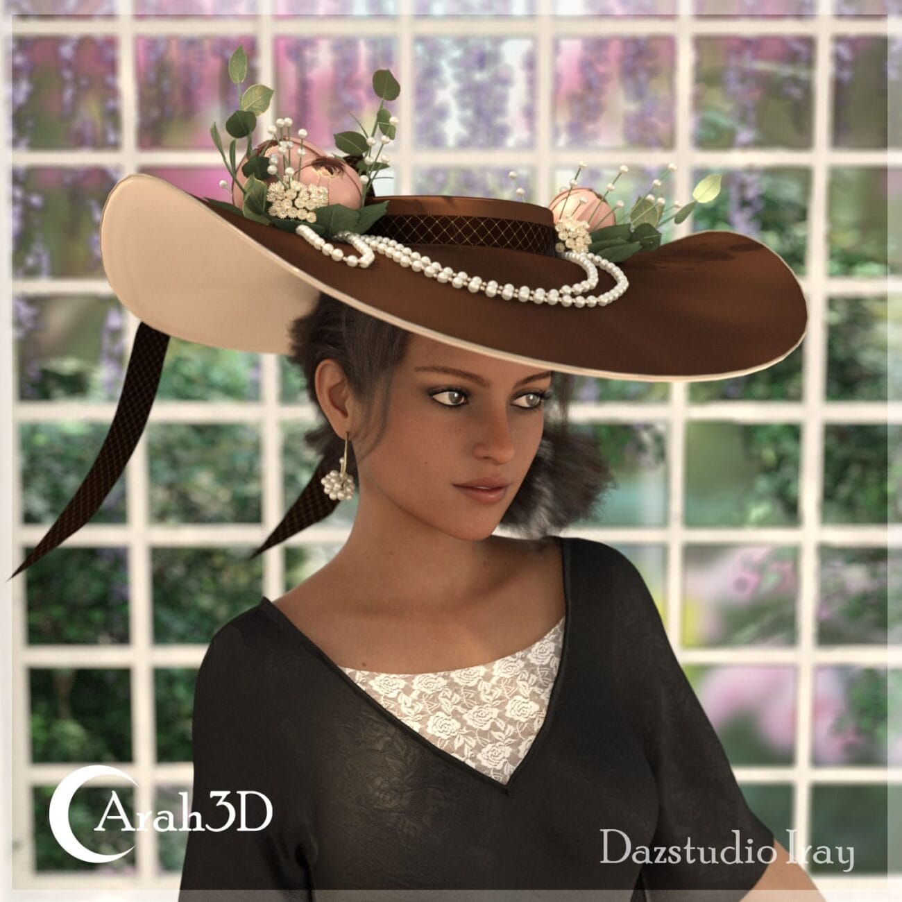 Elegant 3D woman wearing a large stylish hat decorated with pearls and flowers, featuring realistic textures and intricate details, suitable for fashion or lifestyle visualizations.