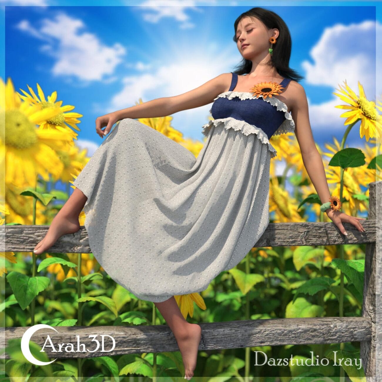 Vivid 3D female model sitting on a rustic wooden fence in a sunflower field under a bright blue sky, featuring detailed clothing, accessories, and realistic natural environment for realistic Daz3D assets.