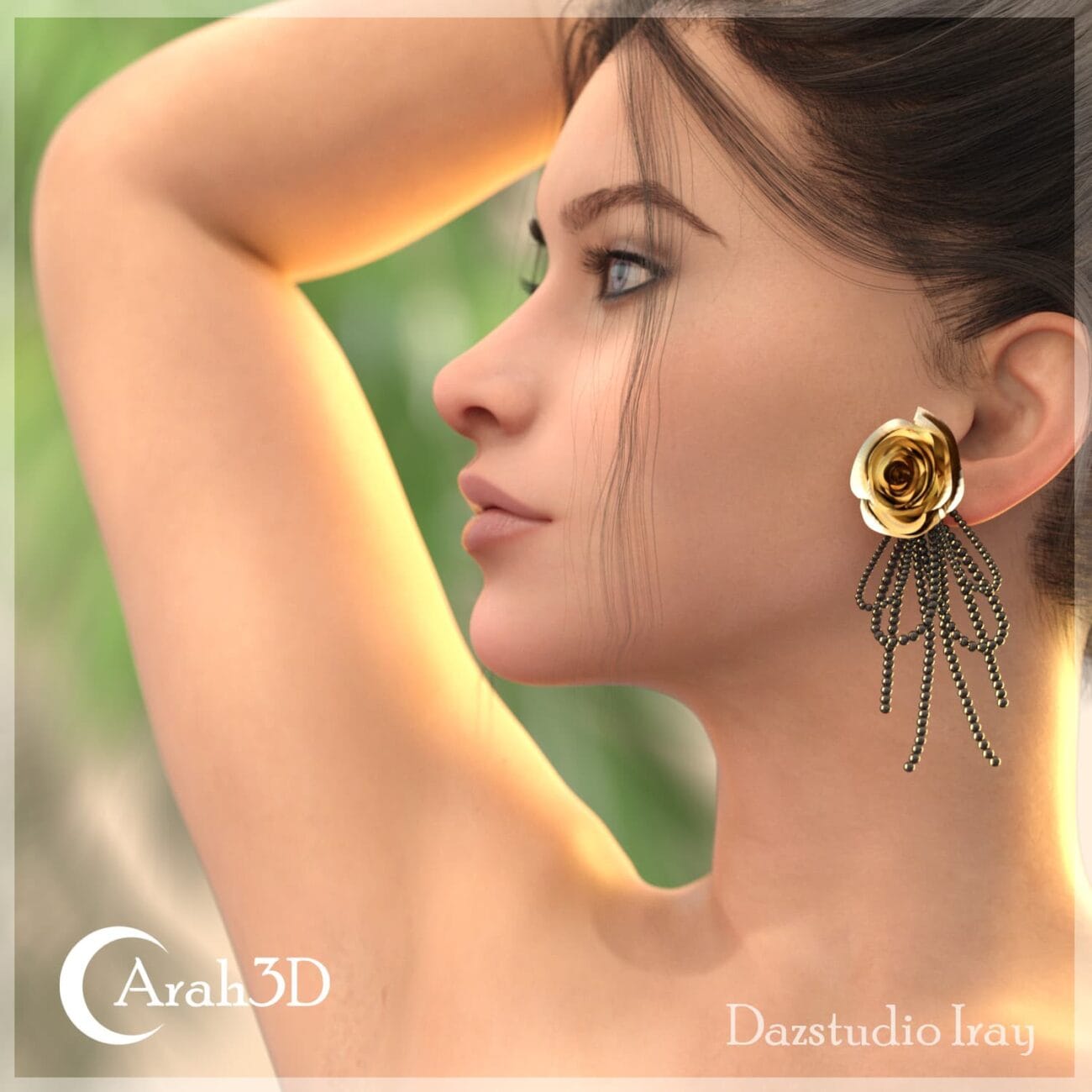 Stunning 3D render of a woman showcasing realistic skin textures, detailed facial features, and an intricate gold rose earring, ideal for use in high-quality digital art and 3D assets.