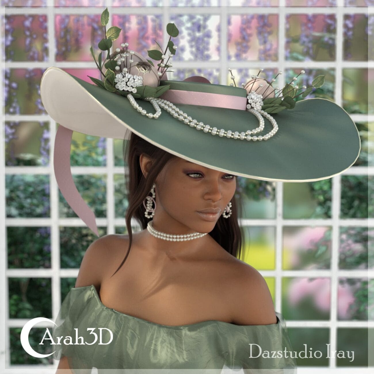 Elegant woman wearing a large, stylish green hat decorated with pearls, flowers, and leaves, posing indoors with a window and garden in the background.
