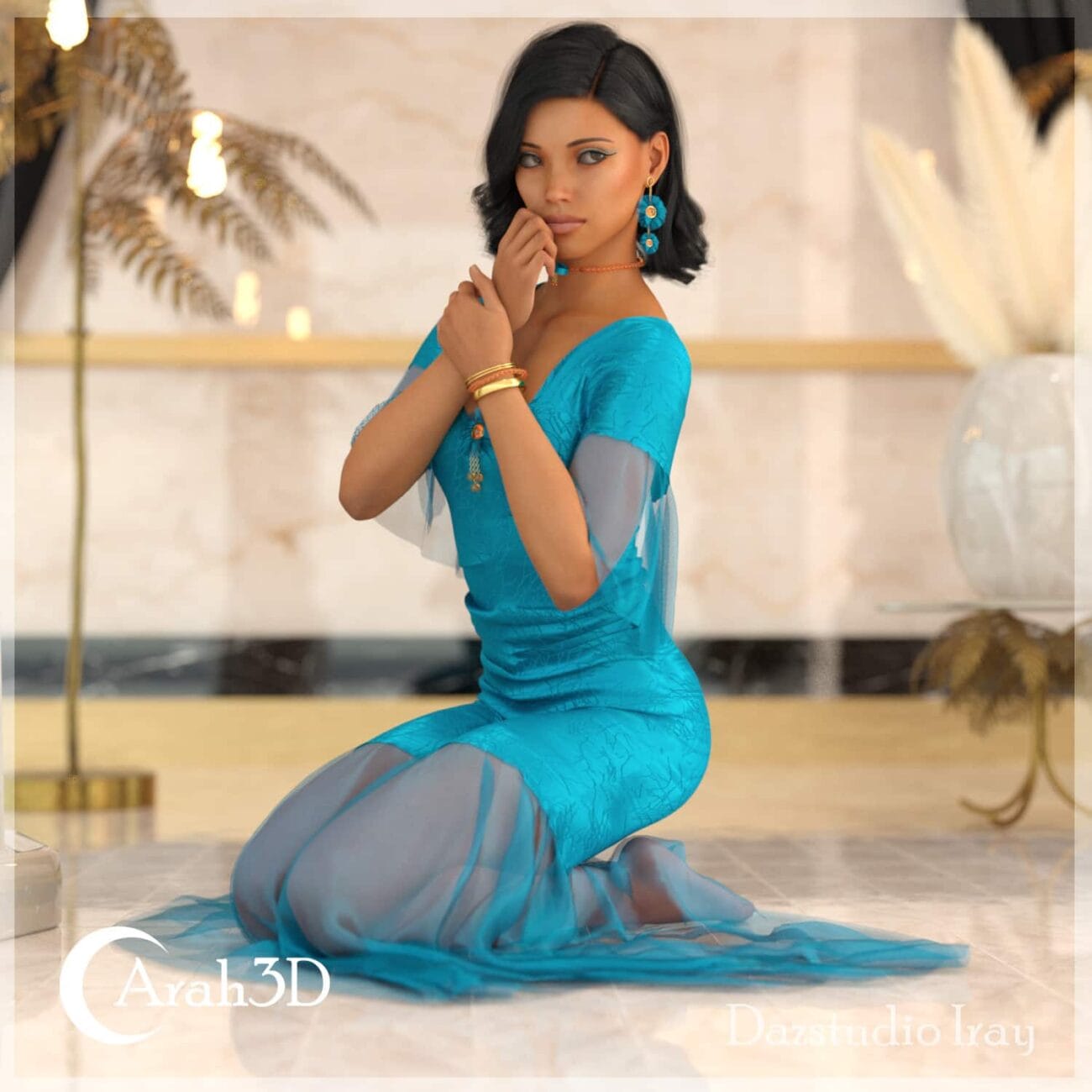 Elegant woman in a vibrant blue dress with sheer details, modern jewelry, and styled black hair, posing gracefully indoors with decorative lighting and plants, showcasing high-quality 3D assets from Daz3D.