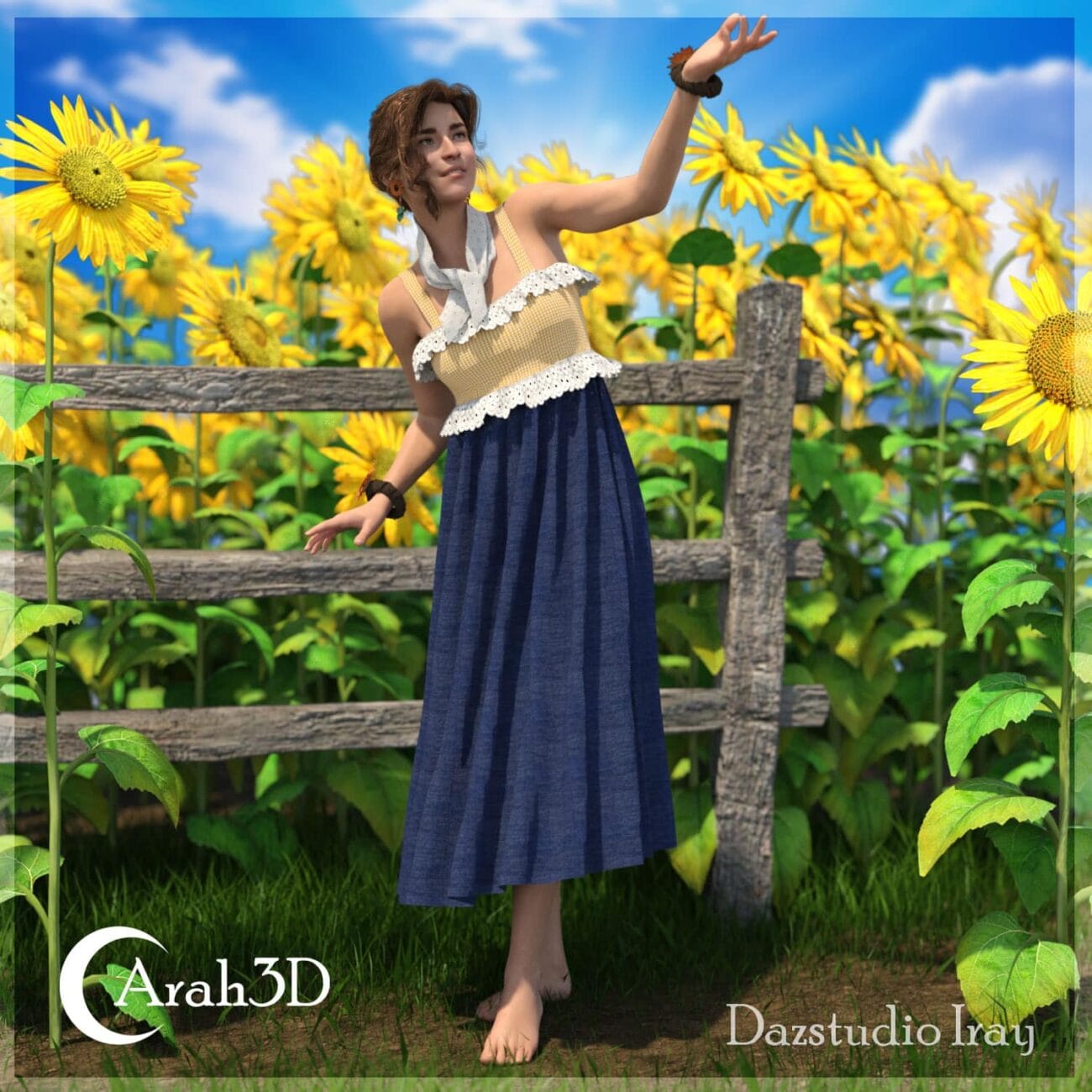 Vibrant sunflower field scene with a 3D female character in casual summer attire, standing barefoot near a rustic wooden fence, capturing a joyful, nature-inspired moment for creative projects or digital art.