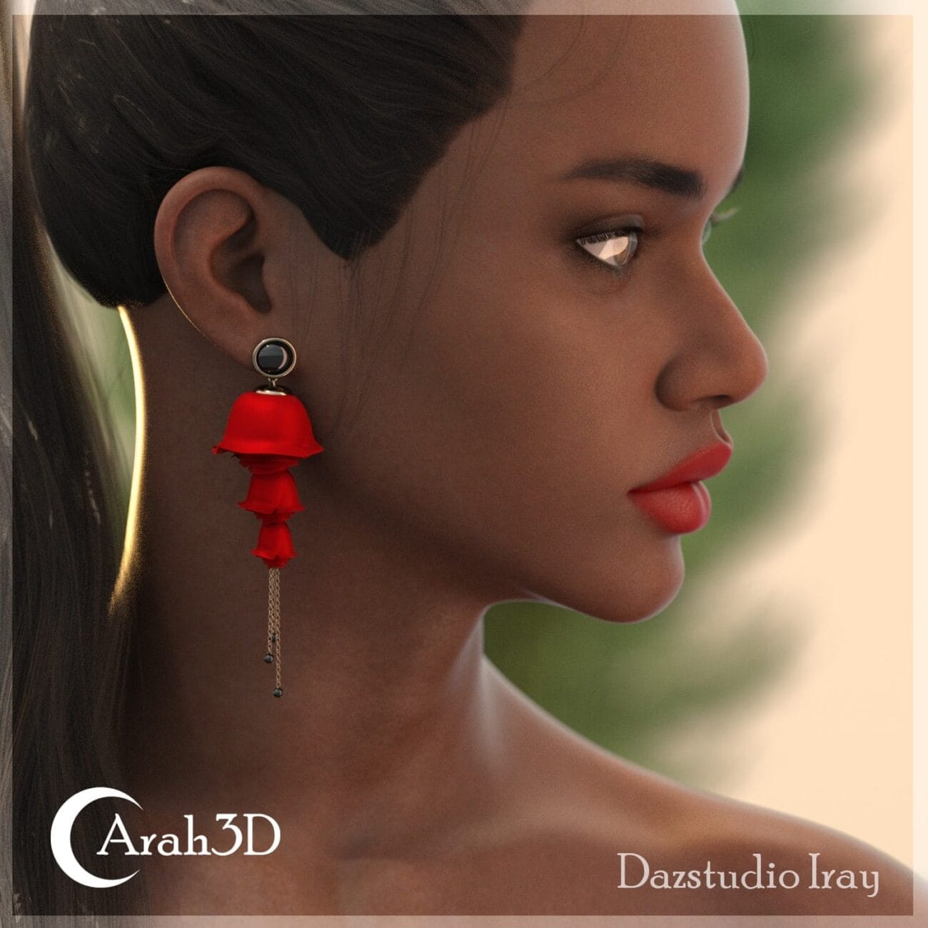 Red floral dangle earrings with black and silver accents, realistic 3D jewelry model for Daz3D character renders.