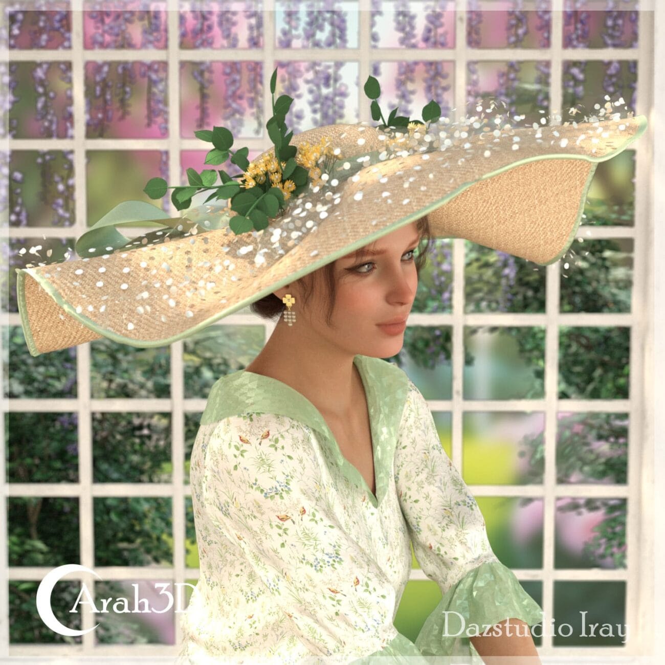 Elegant woman wearing a large straw hat decorated with flowers and greenery in a garden setting, perfect for 3D modeling and high-quality Daz3D asset rendering.
