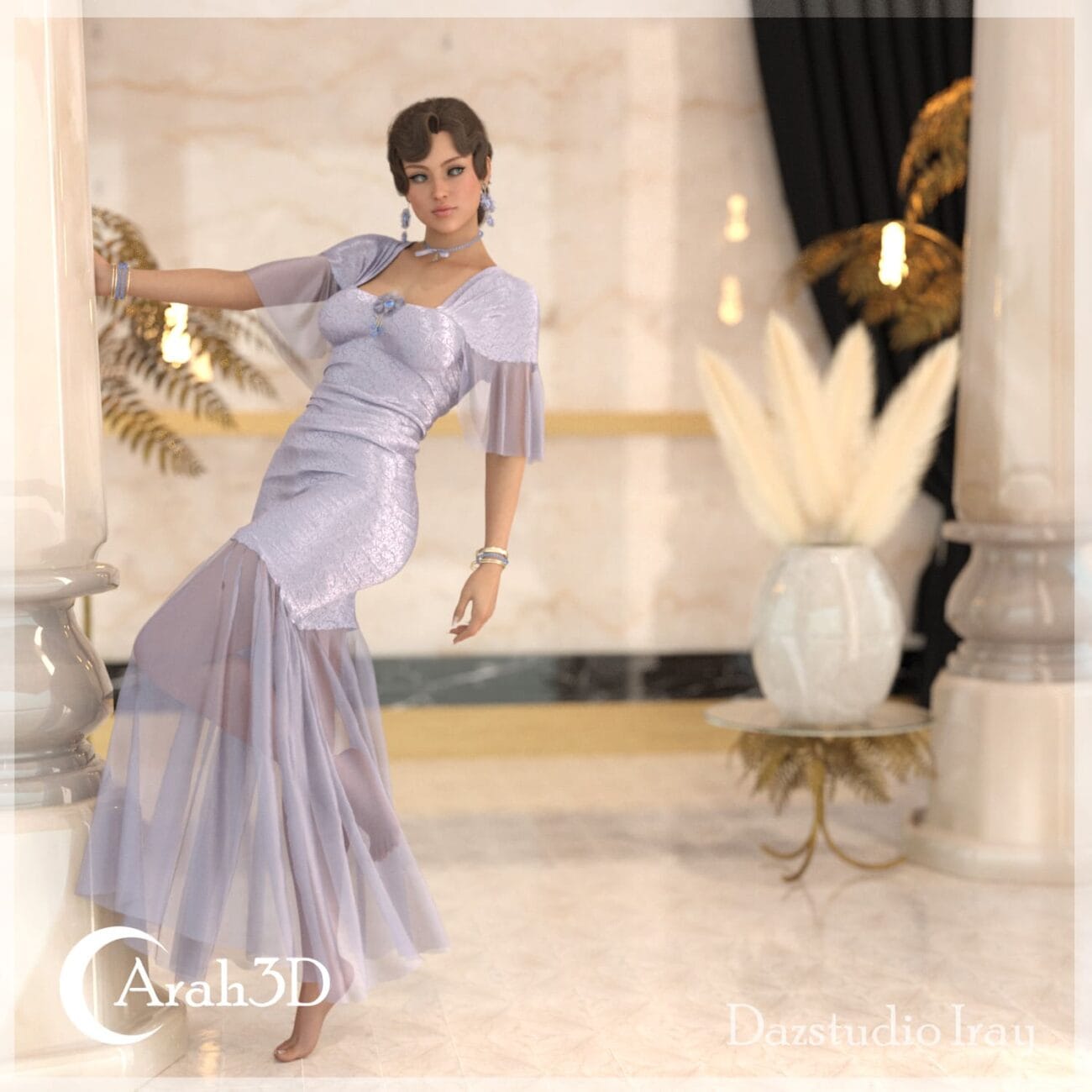 Luxurious purple evening gown for 3D female characters, detailed with lace and flowing fabric, perfect for realistic fashion renders and high-quality dress assets.