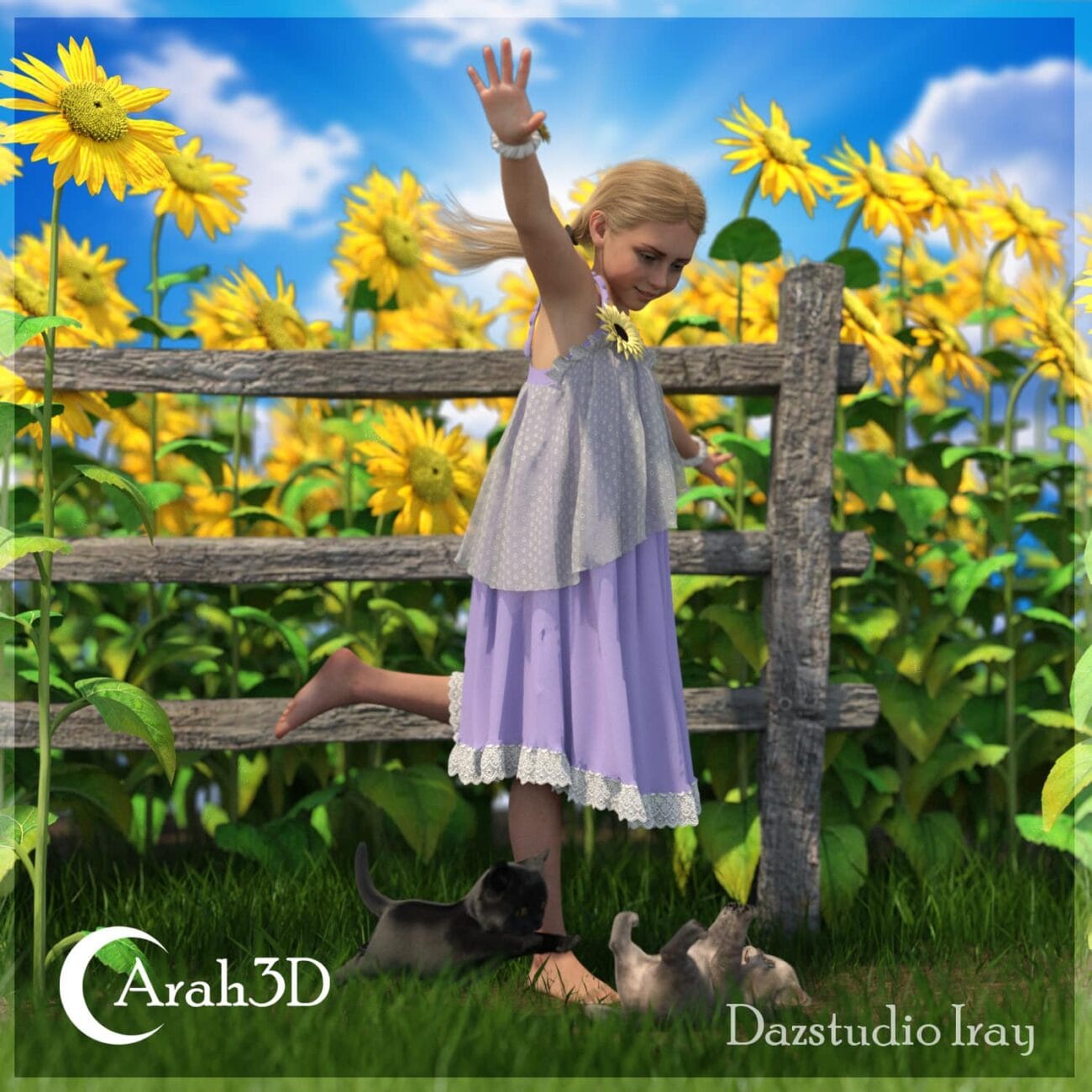 Sunflower field with a young girl dancing, wearing a lavender dress and a sunflower necklace, alongside playful kittens under a bright blue sky, captured in a vibrant 3D-rendered scene for nature and fantasy themes.