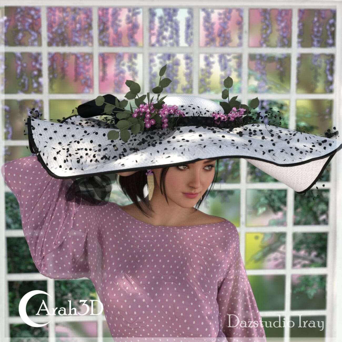 Elegant woman wearing a large, stylish polka dot sun hat decorated with pink flowers and greenery, posing indoors against a colorful garden window backdrop, showcasing detailed 3D fashion accessories.