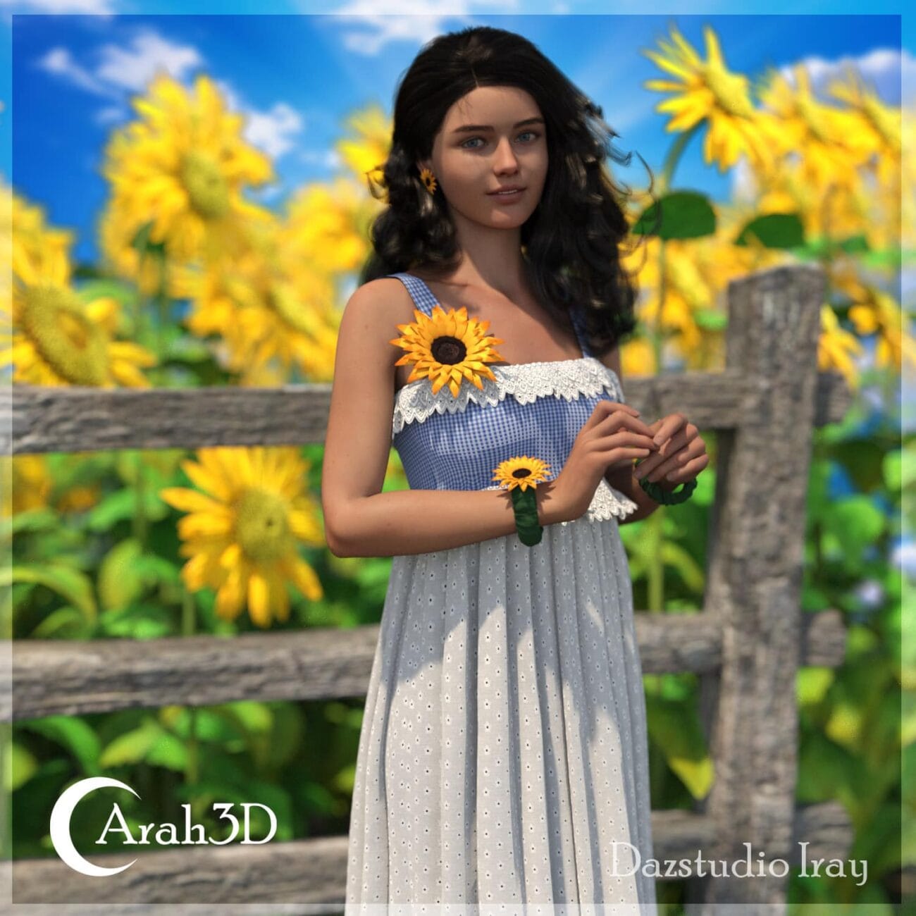 Sunflower-themed 3D female character model with detailed dress and accessories, perfect for digital art, animations, and rendering projects.