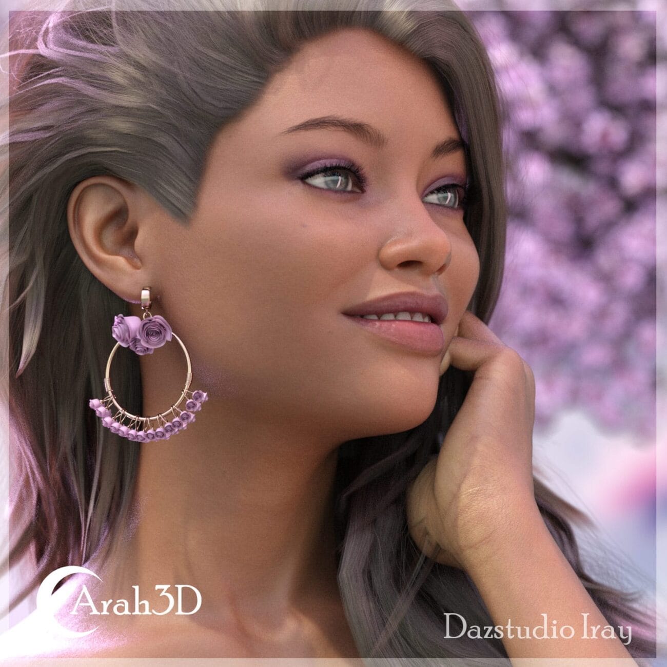 Lifelike 3D female portrait with detailed skin, makeup, and purple earrings, set against a blurred pink floral background, showcasing high-quality Daz3D assets for realistic character rendering.