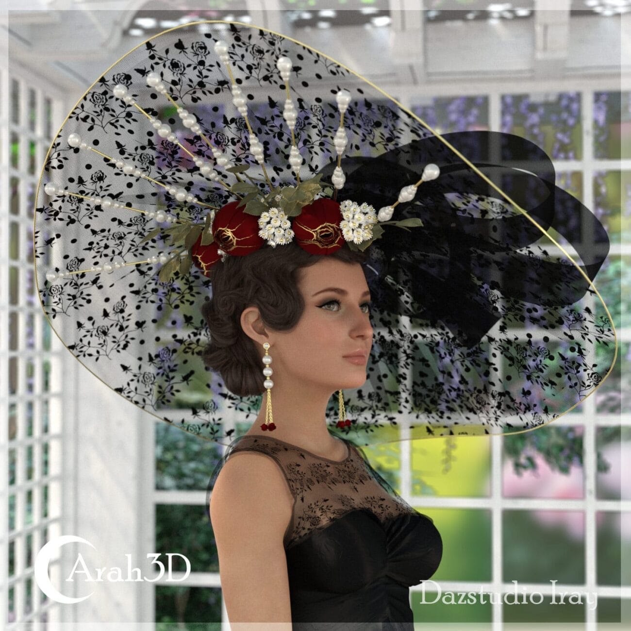 Elegant woman wearing an elaborate black lace and tulle dress with an ornate floral and pearl headdress, showcasing high-quality 3D fashion assets for Daz3D visualizations.