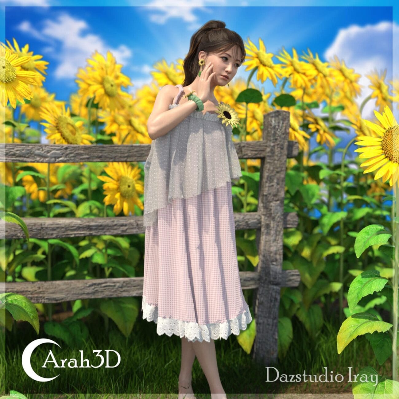 Sunflower girl 3D model, summer fashion, female character, rural scenery, Daz3D assets, lush garden, realistic textures, detailed clothing, digital art, character design, nature backdrop, creative visuals.