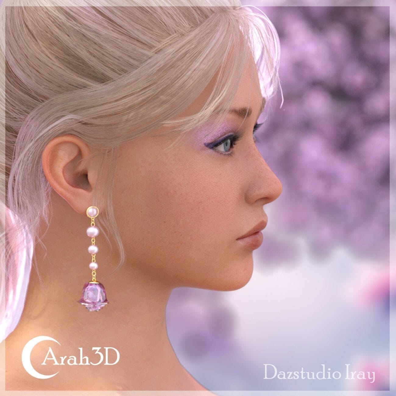 Elegant female 3D character with detailed makeup, pearl earrings, and realistic skin, posed in front of pink blossom background, showcasing high-quality Daz3D assets and 3D modeling.