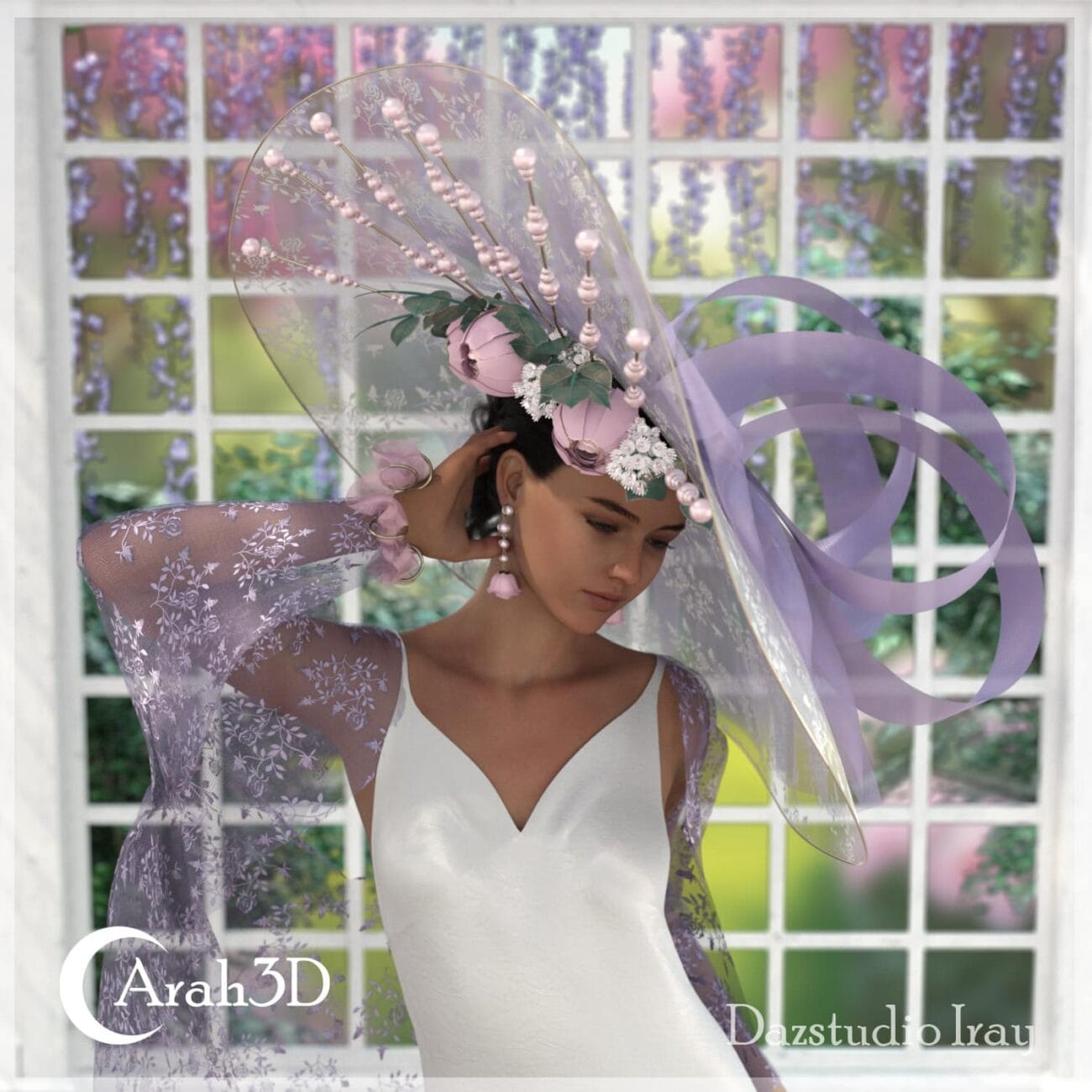 Elegant 3D female model wearing a lavender floral headpiece, sheer lace dress, and statement earrings, set against a garden backdrop with a white trellis. Perfect for digital art and creative projects.