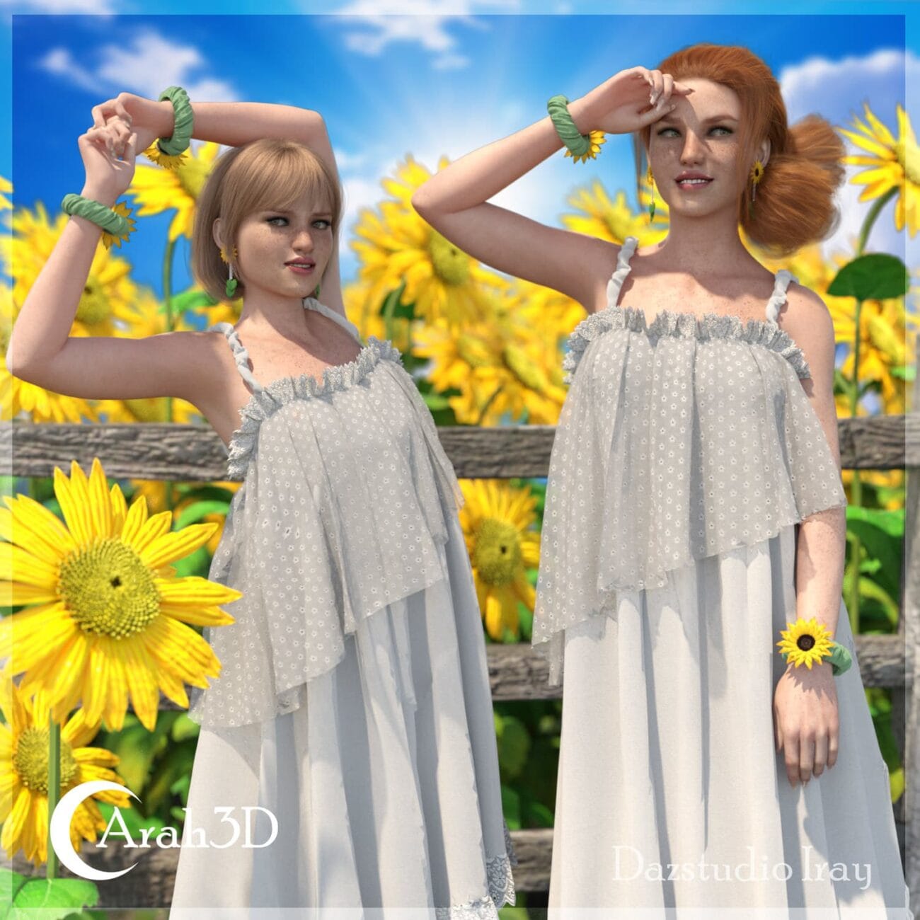 Delighted sunflowers, two 3D-rendered women in airy summer dresses, posing outdoors under a bright blue sky, showcasing high-quality Daz3D assets with vibrant natural textures and realistic details.