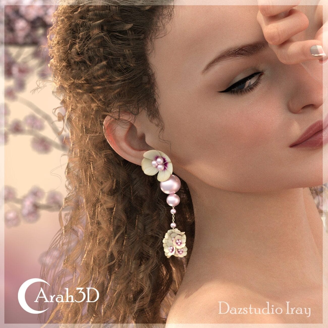 Elegant 3D female model wearing floral pearl earrings; realistic skin detail, curly hair, and subtle makeup, showcasing high-quality Daz3D assets.