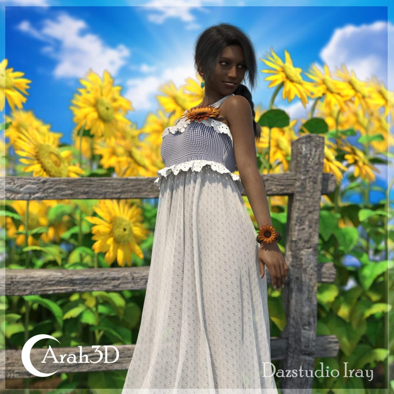 Bright female 3D character wearing a crochet dress with sunflower accessories, set against a vibrant sunflower field background for high-quality Daz3D asset visualization.