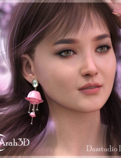 Beauty portrait of a young woman with detailed 3D rendered realistic skin and makeup, wearing pink floral earrings, in a soft garden background, showcasing high-quality Daz3D assets and 3D character modeling.