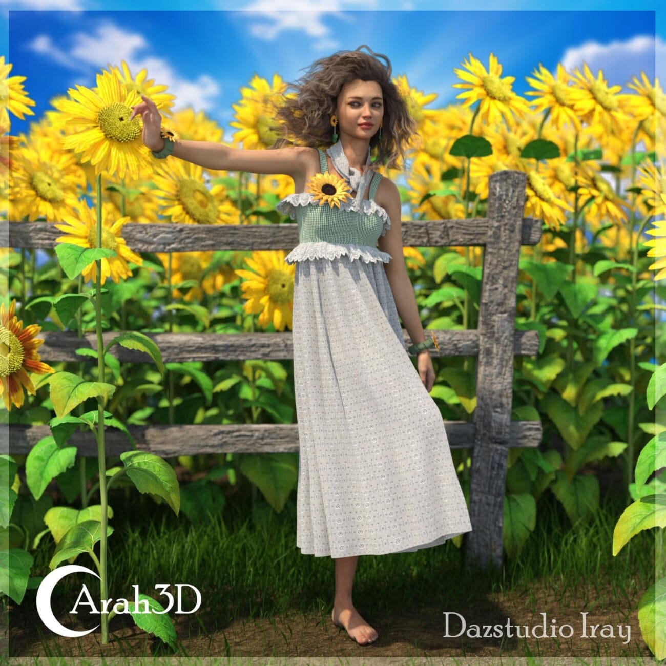 Sunflower woman standing by wooden fence in sunflower field, 3D character modeling, detailed floral dress, summer outdoor scene, nature-inspired fashion, realistic textures, digital art, high-quality 3D assets for Daz3D, vibrant colors, outdoor photography style.
