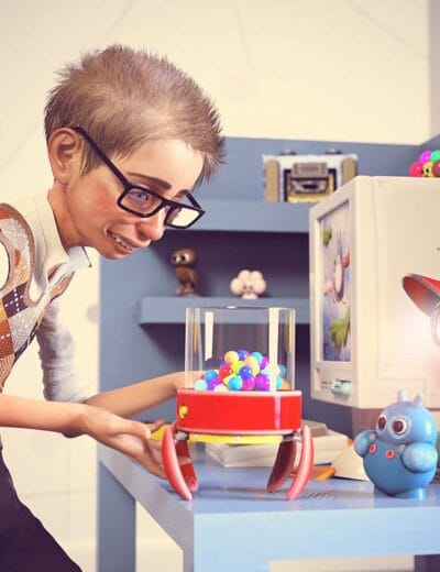 Colorful digital art of a young person playing a gacha machine with vibrant 3D toy characters, showcasing high-quality Daz3D assets and creative 3D rendering.