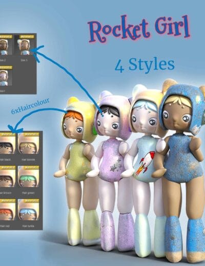 Cute 3D Rocket Girl figurine with four colorful styles, six hairstyles in different shades, ideal for Daz3D assets, showcasing high-quality 3D character designs for digital art.