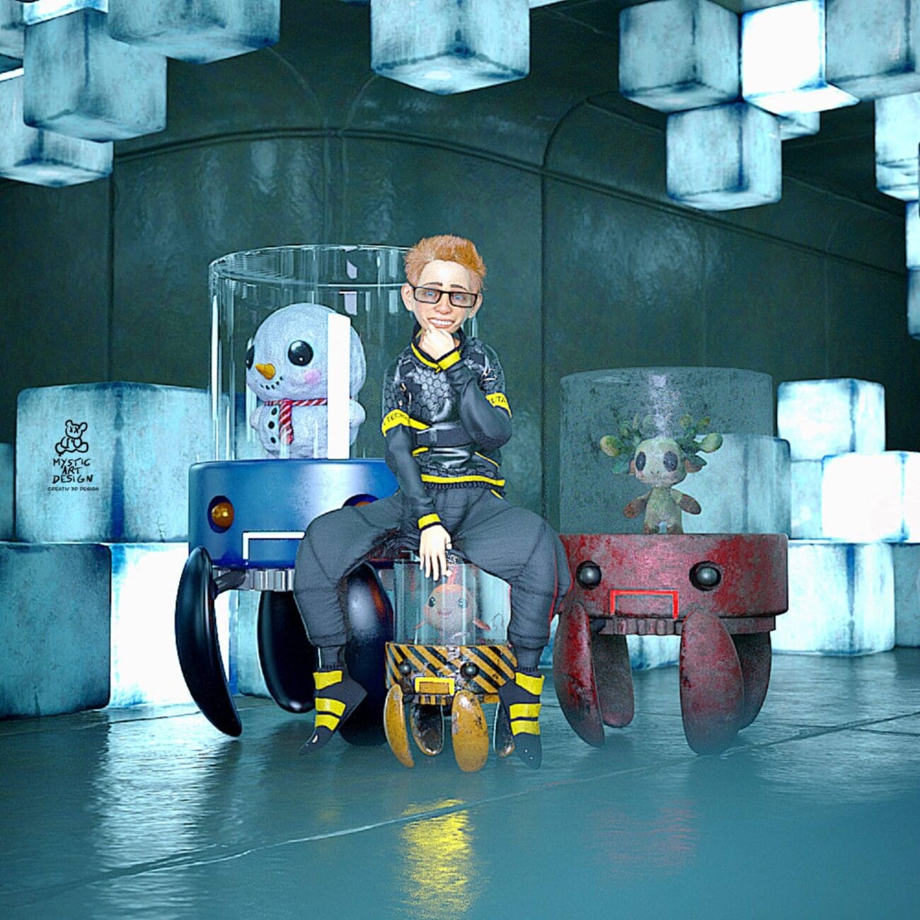 3D character sitting with toy robots and anime-style figures in a digital art scene showcasing high-quality Daz3D assets from 3dshards.com.