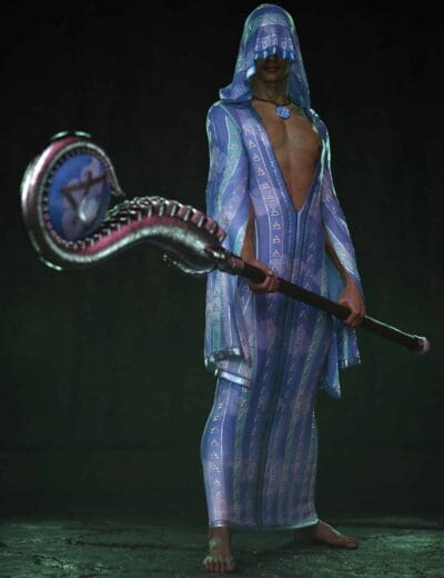 3D character in futuristic blue outfit holding a staff, showcasing high-quality Daz3D assets for sci-fi and fantasy 3D rendering, perfect for digital art and game design.