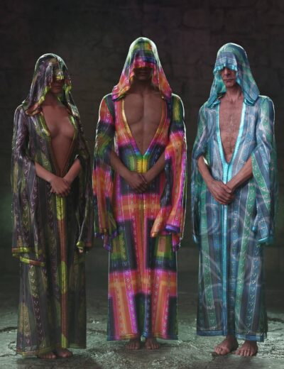 Vibrant 3D-rendered characters wearing colorful, patterned hooded robes with deep V-necks, showcasing high-quality Daz3D assets for digital art and 3D visualization projects.