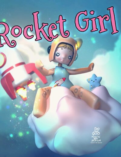 Rocket Girl sitting on a fluffy cloud, with a cute spaceship in the background, featuring vibrant colors and a whimsical space theme, ideal for Daz3D assets and 3D art projects.