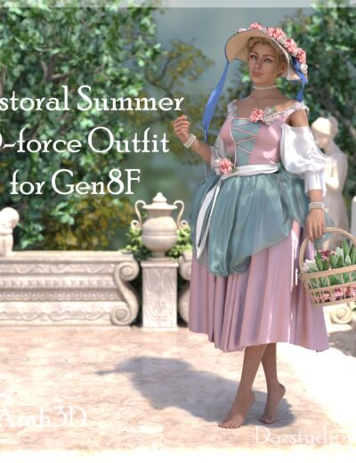 Elegant pastel-colored summer outfit for Genesis 8 Female (G8F), featuring intricate D-force fashion simulation, perfect for 3D character design, art, and visual storytelling.