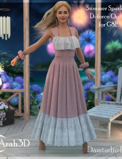 Gorgeous 3D character wearing a summer Sparkler D-force outfit for Genesis 8 and 8.1 Female, featuring a gingham dress with eyelet detailing, perfect for warm-weather scenes and summer celebrations.