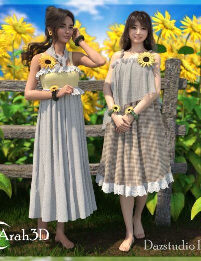 Sunflower girl dresses 3D models, women in sunflower-themed dresses standing outdoors, summer fashion, detailed Daz3D character assets, vibrant floral background for visual design projects.