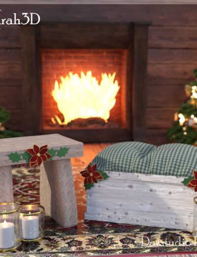 Decorative Christmas scene featuring a cozy wooden bench with plaid cushion, holiday flowers, candles, and a warm fireplace in a festive living room. Perfect for holiday-themed 3D assets and interior design rendering.