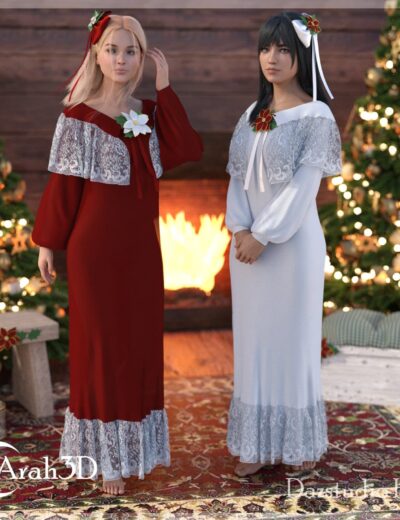 Elegant Christmas-themed 3D models of women in festive gowns with lace details, set in a cozy holiday scene with Christmas trees, fireplace, and ornaments, created with high-quality Daz3D assets.