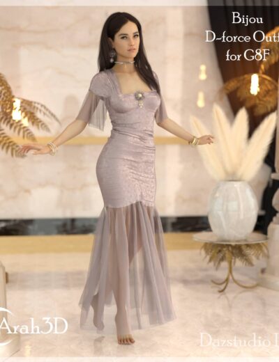 Elegant beige 3D-rendered gown with sheer sleeves and ruffled hem, designed for G8F characters, showcased in a luxurious interior setting. Perfect for fashion and character design projects.