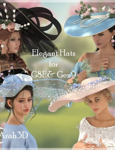 Elegant large-brim hats for G8F & Gen9, featuring detailed floral and pearl embellishments, perfect for fashion-focused 3D renders and character customization.