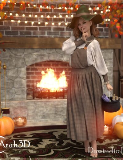 Pumpkin Decorating Scene with Woman in Autumn Costume by Fireplace, Haunted Halloween Decor, Fall Harvest Atmosphere, Daz3D Asset, 3D Rendered Illustration, Autumn Home Decoration, Cozy Fireplace Setting, Halloween Party Prop, Warm Fall Interior, Seasonal Celebration.